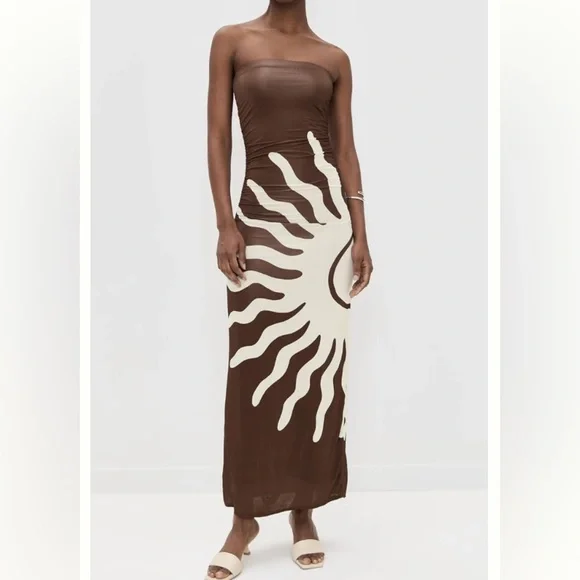 Revolve Cala de la Cruz Daphne Strapless Sunburst Mocca Maxi SideRuched Dress XS - Picture 1 of 8